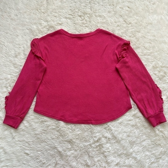 Anthropologie Pilcro Top Ruffled V-Neck Shirt Waffle Knit Raspberry Pink L - Picture 4 of 12